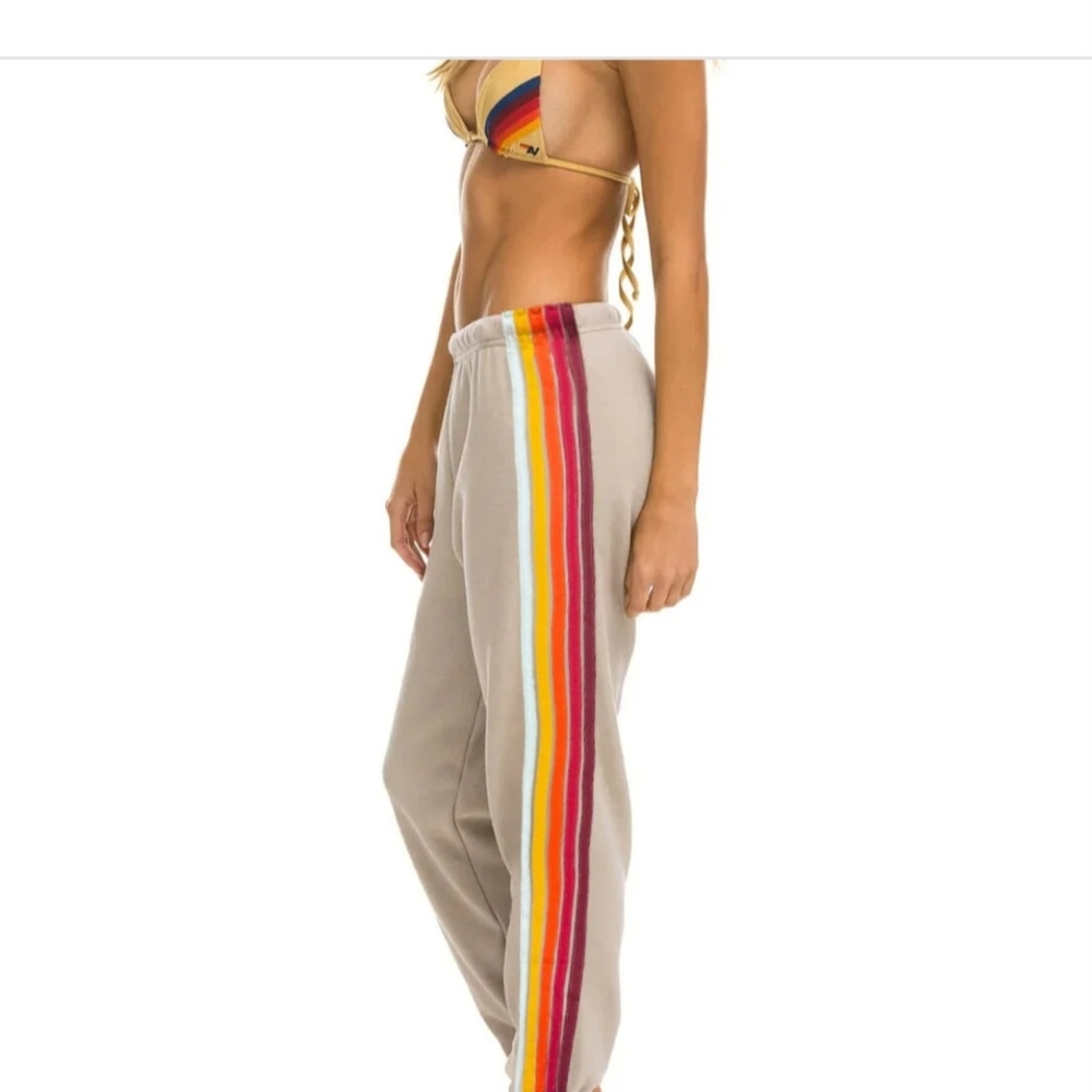 Aviator Nation Beige Joggers with Red and Yellow Stripes